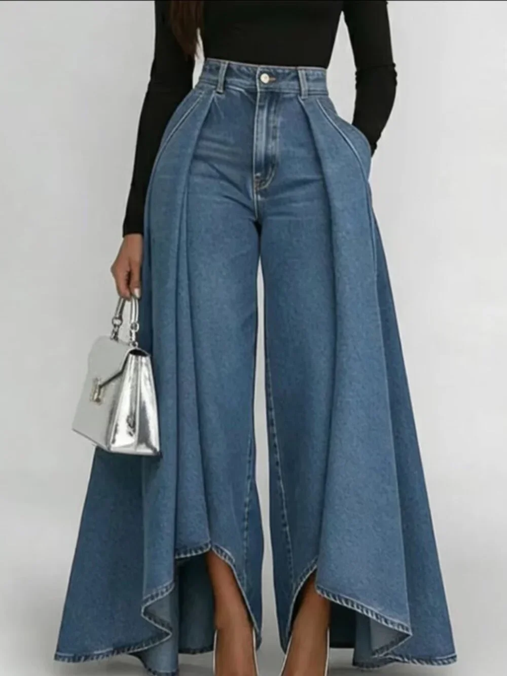 New Large Long Swing Solid Color Casual Imitation Denim Printed Straight Leg Pan